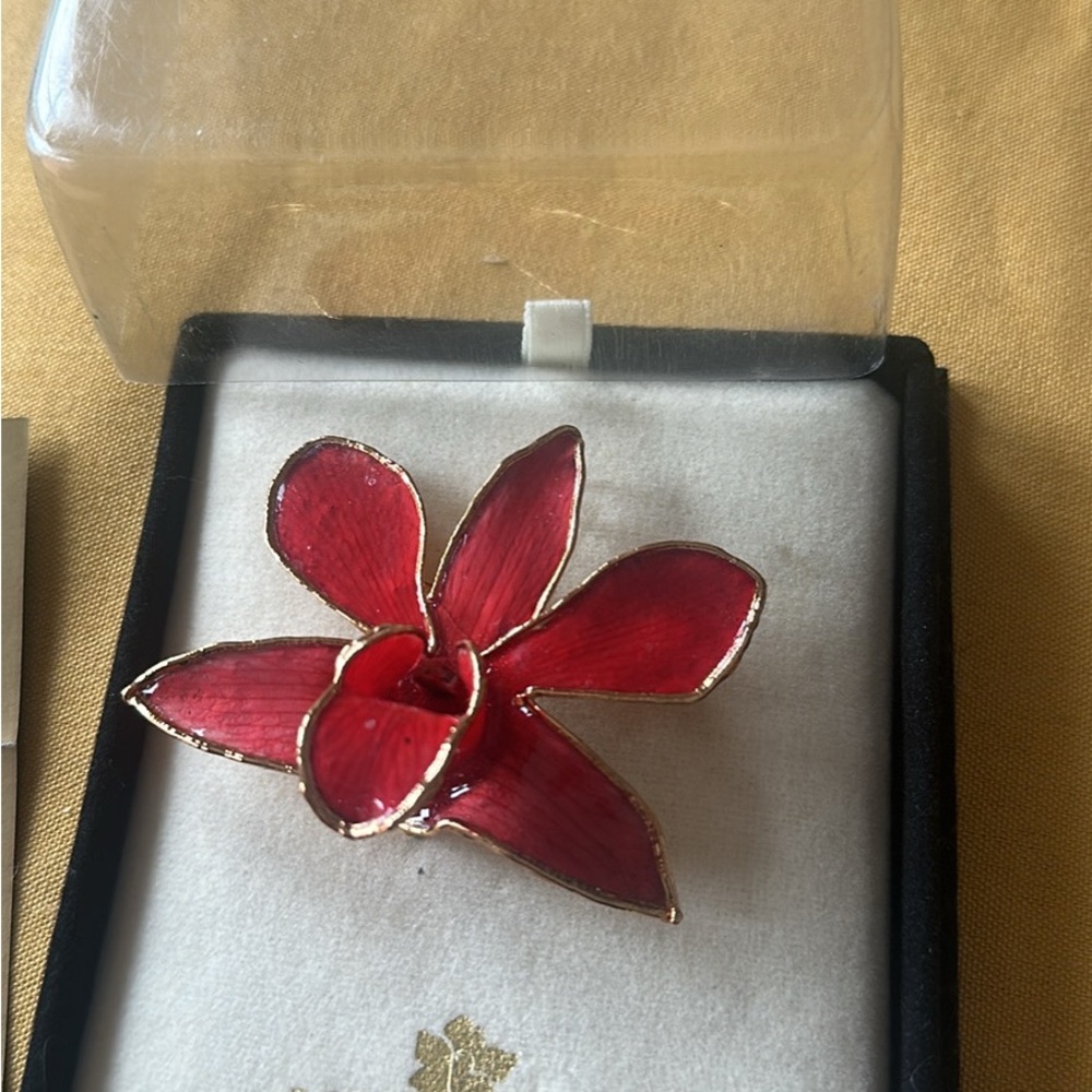 Red Enamel Floral Brooch with Gold Trim